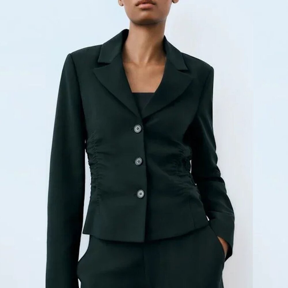 Nwt New Zara Fitted Wool Blend Dark Green Blazer Size S